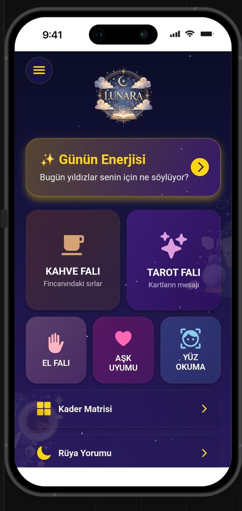 LUNARA App - Ana Ekran